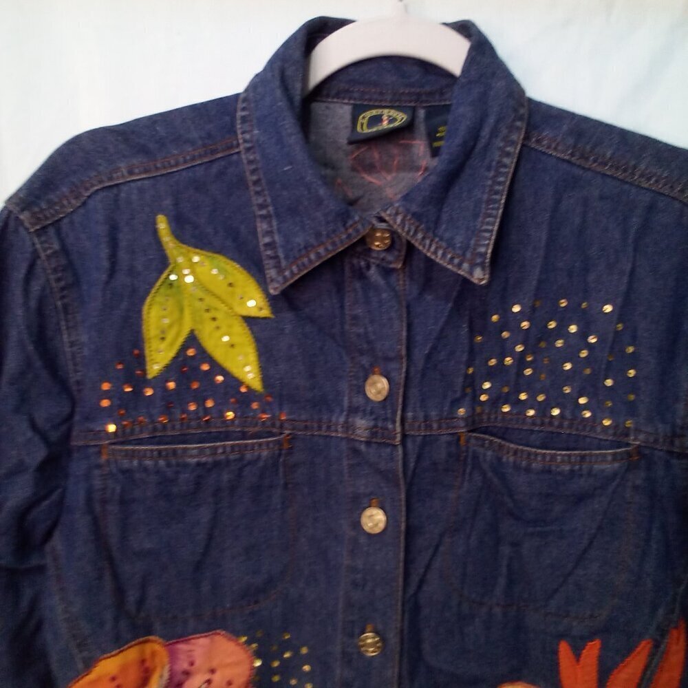 Lighthouse Apparel Jacket Women M Denim Flower Patches Sequins Button Up - Picture 3 of 15